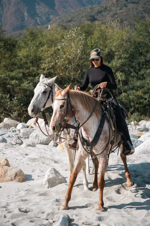 Amazzone con due cavalli sul greto del fiume